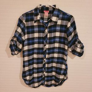 Medium Blue/White/Black Button Down Flannel Shirt by brand "She Scool"